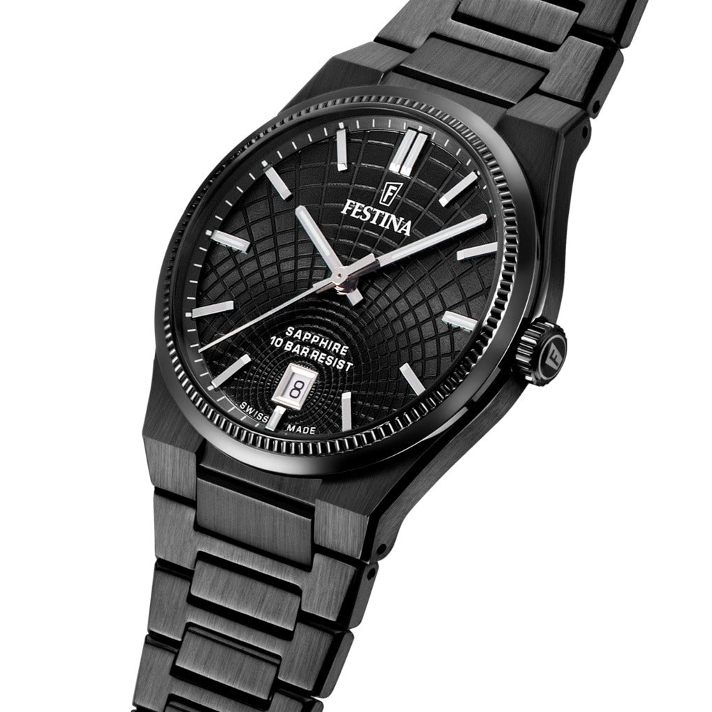 Herrenarmbanduhr mit schwarzem Zifferblatt und gerastertem Metallarmband