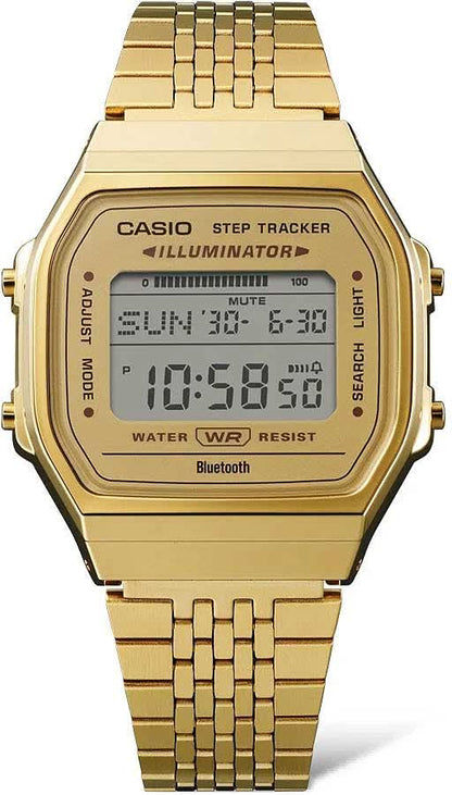 Guldpläterad Casio stegräknare herrklocka med digital display och metallarmband