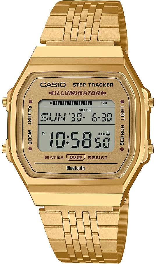 Guldpläterad Casio stegräknare herrklocka med digital display och metallarmband