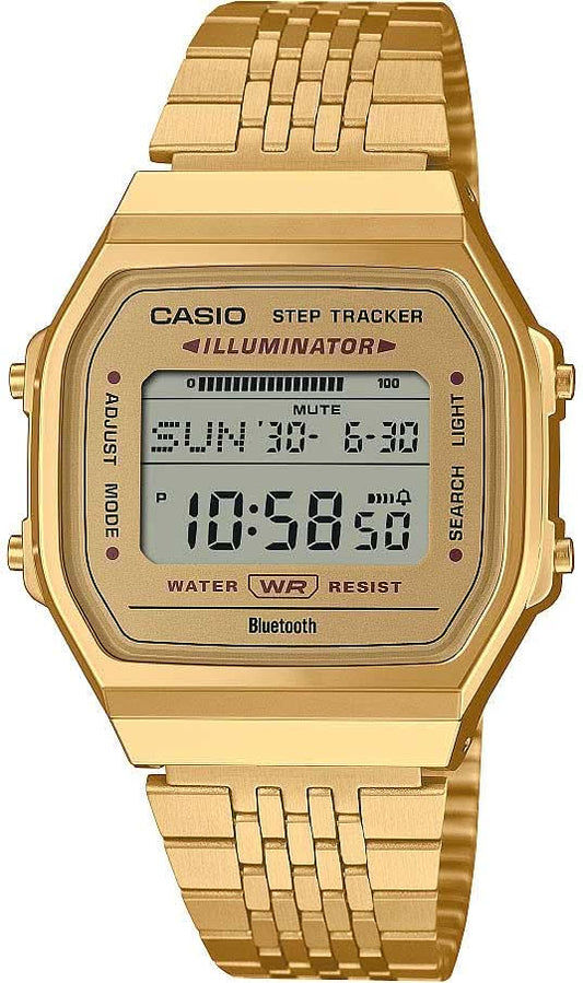 Guldpläterad Casio stegräknare herrklocka med digital display och metallarmband