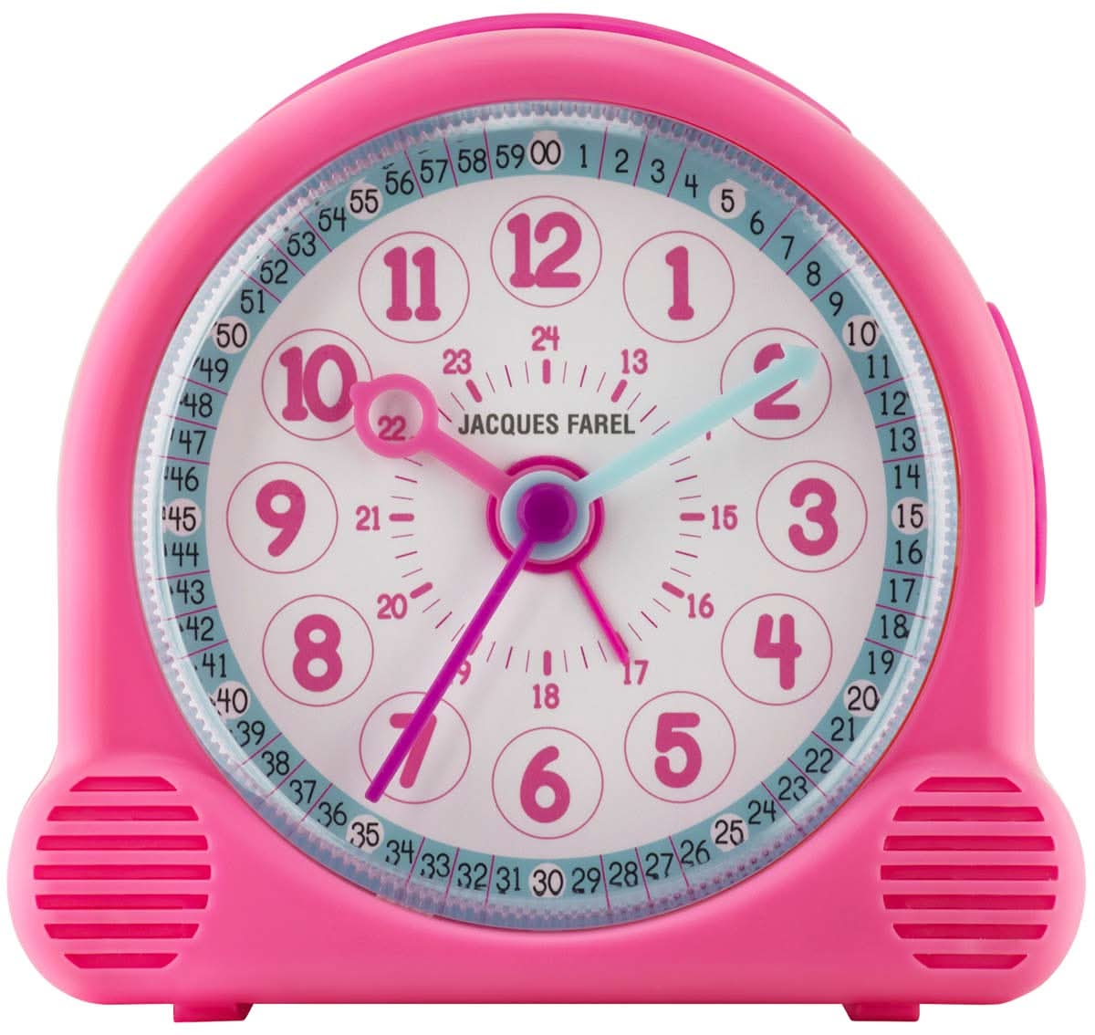 Barnväckarklocka med rosa hölje, analog urtavla och minutvisare, Jacques Farel