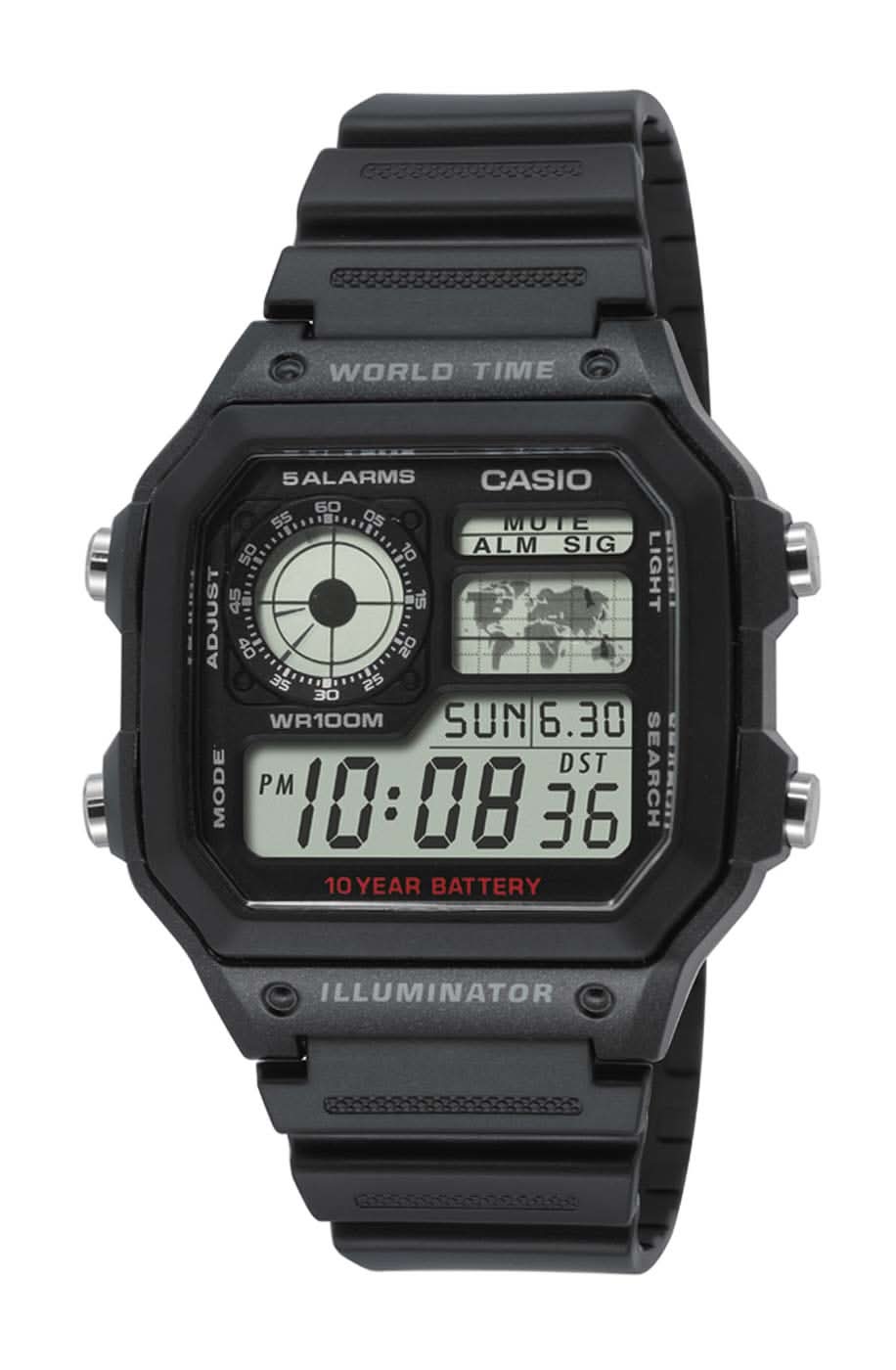 Svart digital herrklocka med LCD-display, knappar och armband i plast