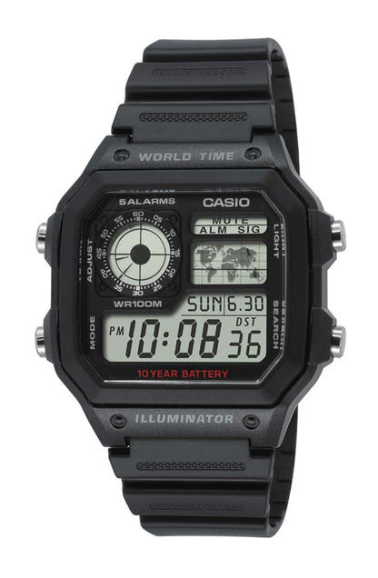 Svart digital herrklocka med LCD-display, knappar och armband i plast