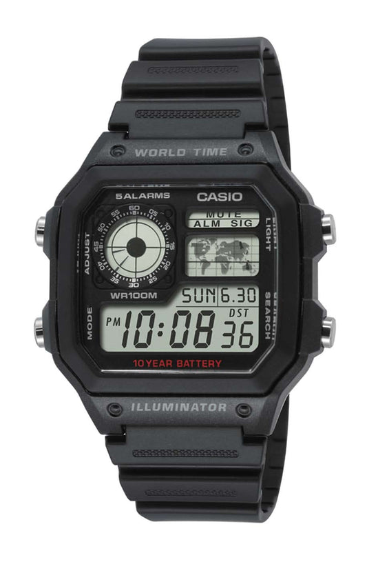 Svart digital herrklocka med LCD-display, knappar och armband i plast
