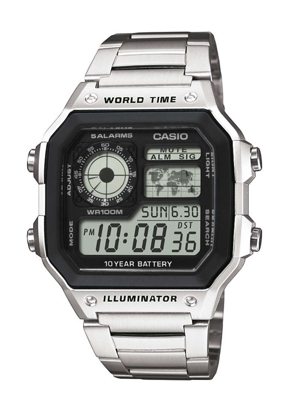 Digital klocka för herrar med svart display och silverfärgat armband i rostfritt stål, Casio