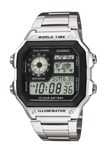 Digital klocka för herrar med svart display och silverfärgat armband i rostfritt stål, Casio
