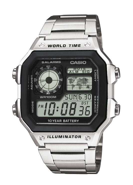 Digital klocka för herrar med svart display och silverfärgat armband i rostfritt stål, Casio