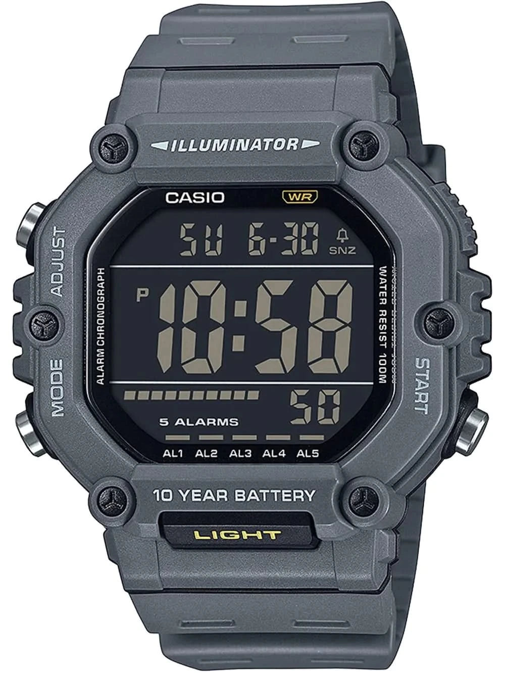 Casio digital herrklocka med mörkgrått hölje och silikonarmband.