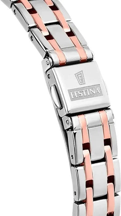 Damklocka sidovy med roséguldinlägg på armband i rostfritt stål och logotyp på boetten