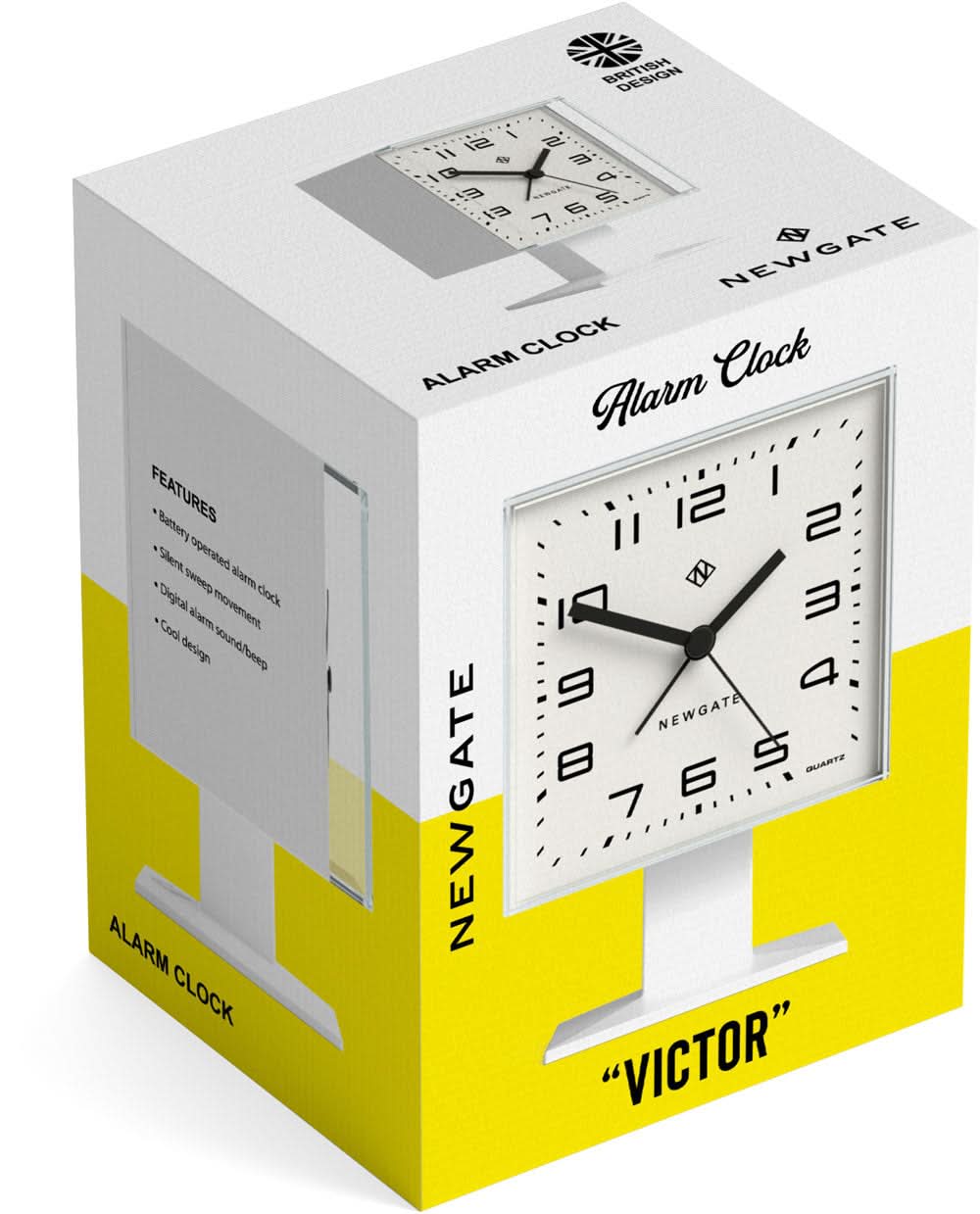 Larmklockförpackning med fönster för klocka och texten "Victor" på kartong