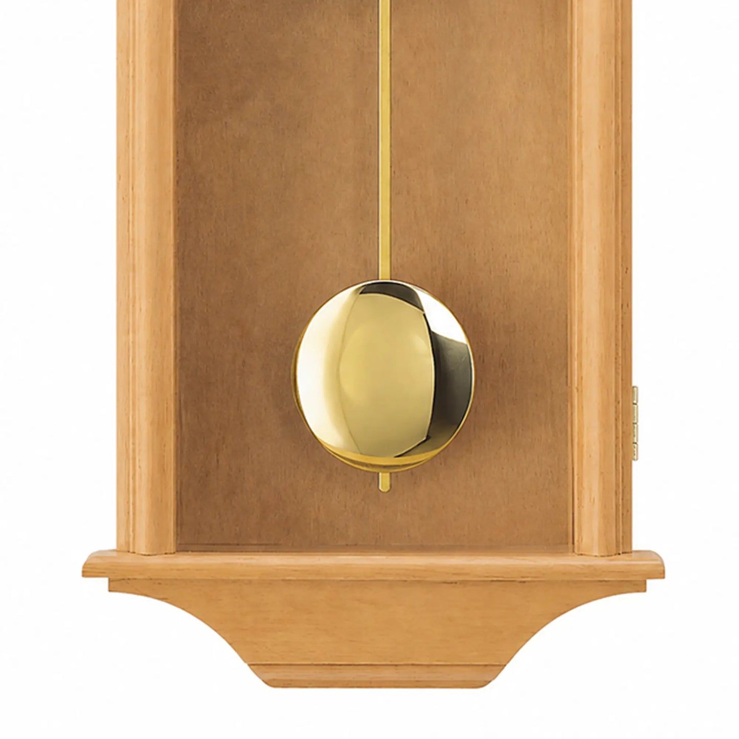 Wanduhr: Holzrahmen mit rundem goldenem Pendelgewicht und Sichtfenster