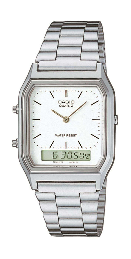 Casio Vintage-armbandsur med silverfärgat metallarmband och vit urtavla, analogt och digitalt
