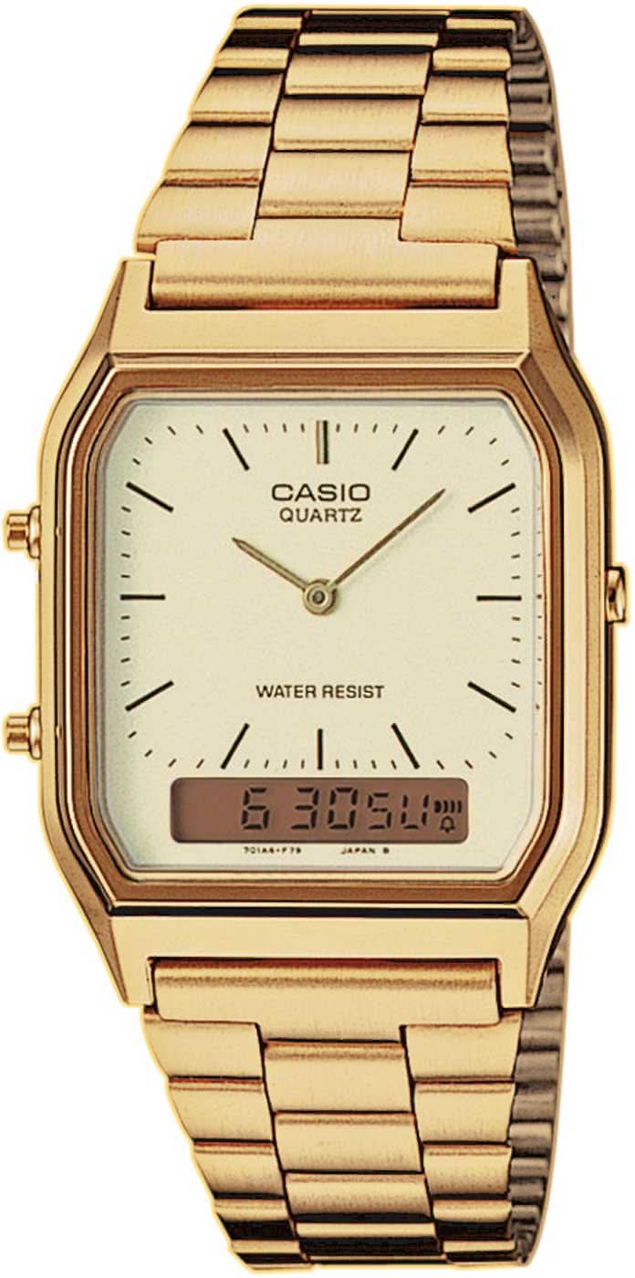 Casio Vintage armbandsur med guldfärgat metallband, analog och digital display.