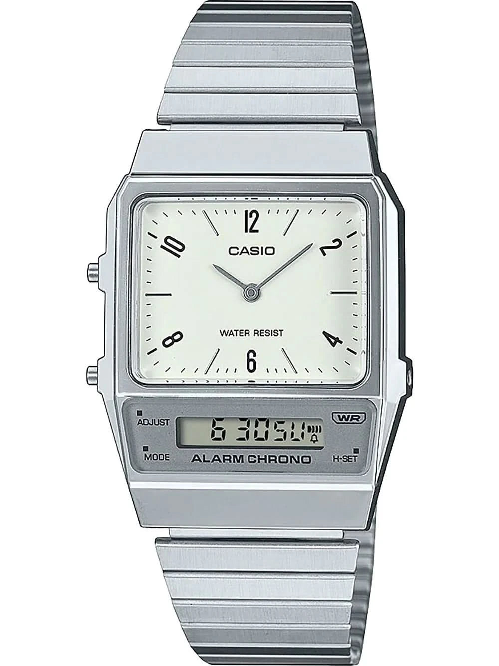 Casio Vintage-klocka med rektangulärt silverfärgat metallarmband, vit urtavla och digital display