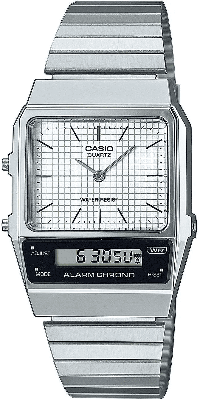 Casio Vintage-klocka med silverfärgat metallband, rektangulär urtavla och digital display