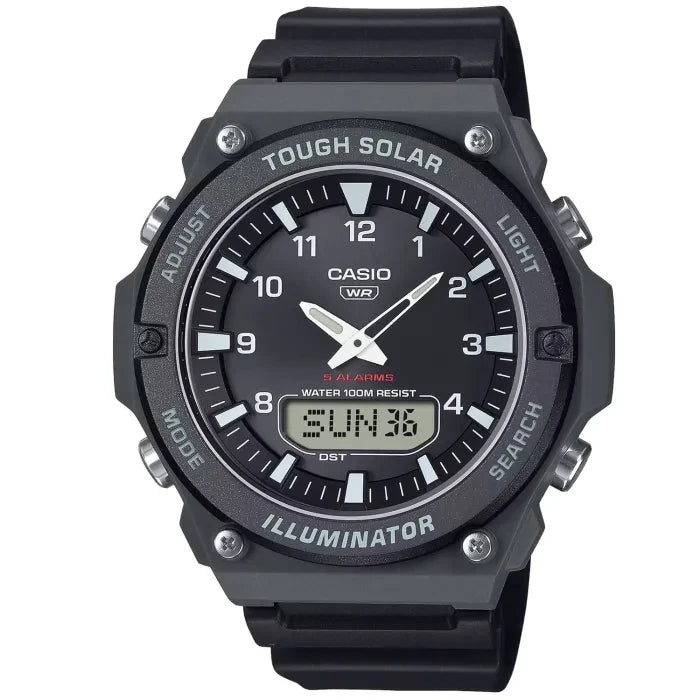 Casio Tough Solar Herrenarmbanduhr, schwarz, analoges Zifferblatt mit Digitalanzeige