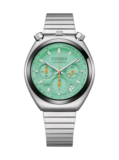 Citizen Chronographen-Armbanduhr mit grünem Zifferblatt und Edelstahlband