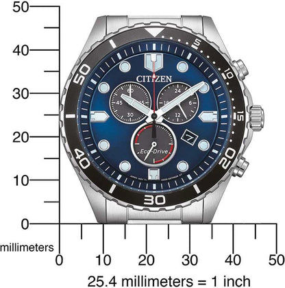 Citizen herruhr med blå urtavla, kronograf-subdialer och metallarmband