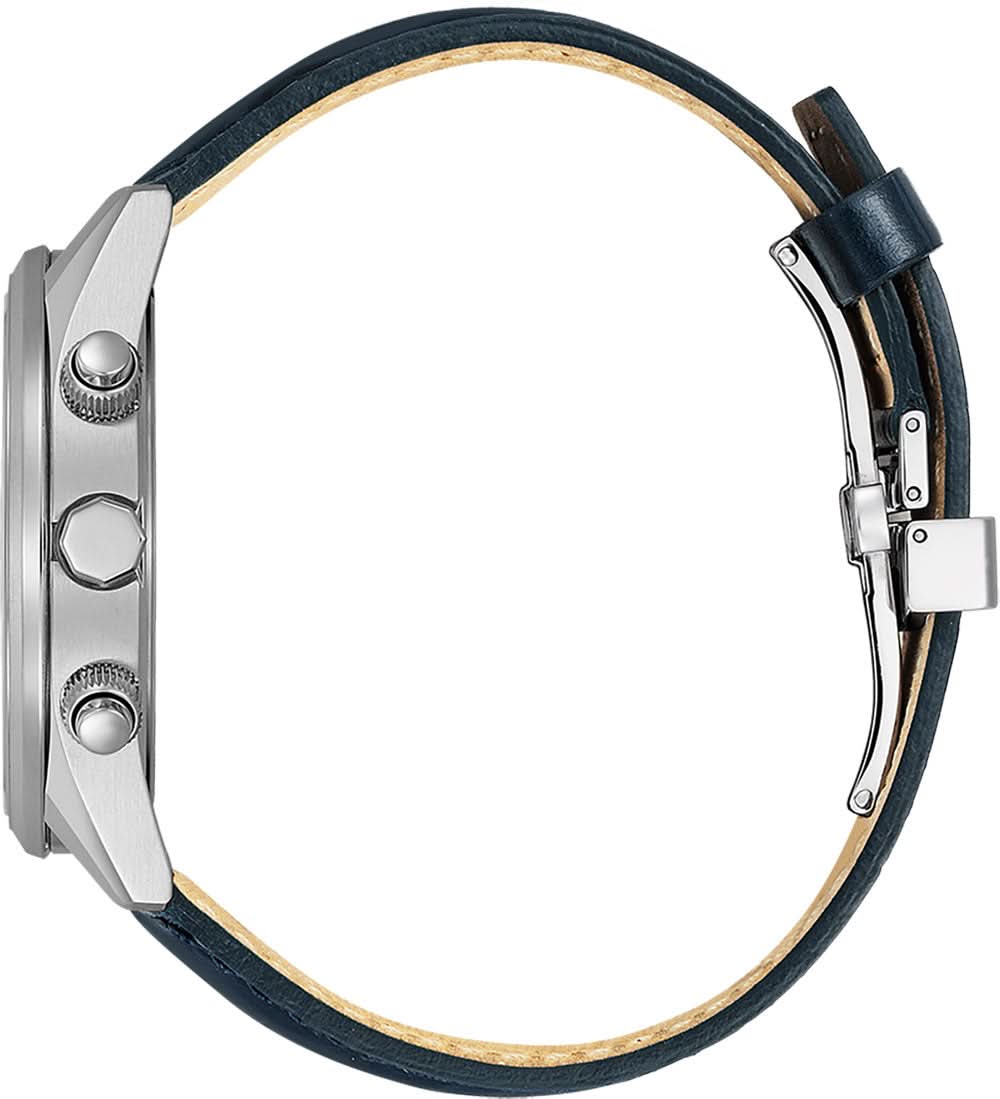 Herrarmbandsur: blått läderarmband med metallspänne, silverfärgat boett på sidan