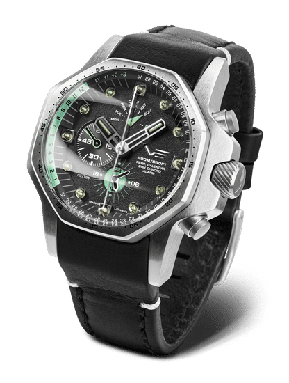 Vostok Europe herrklocka: svart läderarmband, silverfärgat boett, svart urtavla