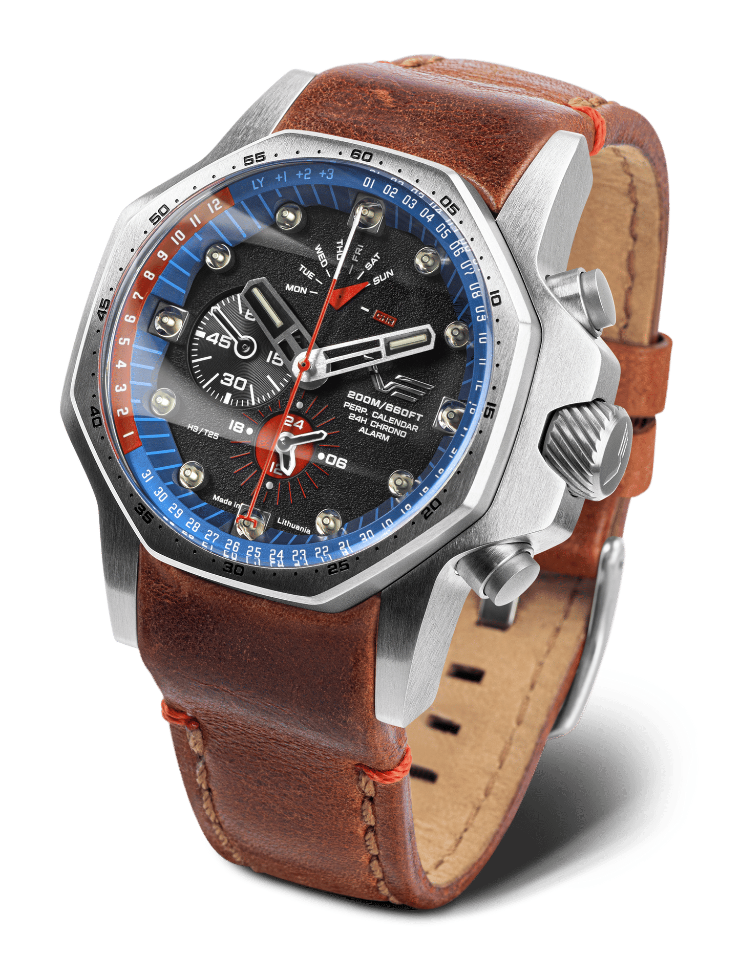 Vostok Europe herrklocka med brunt läderarmband, blå vridring och svart urtavla