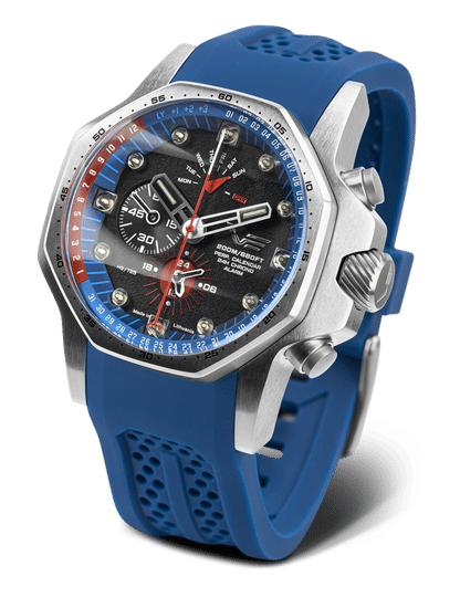 Vostok Europe herrklocka med blått silikonarmband, blå ring och svart urtavla