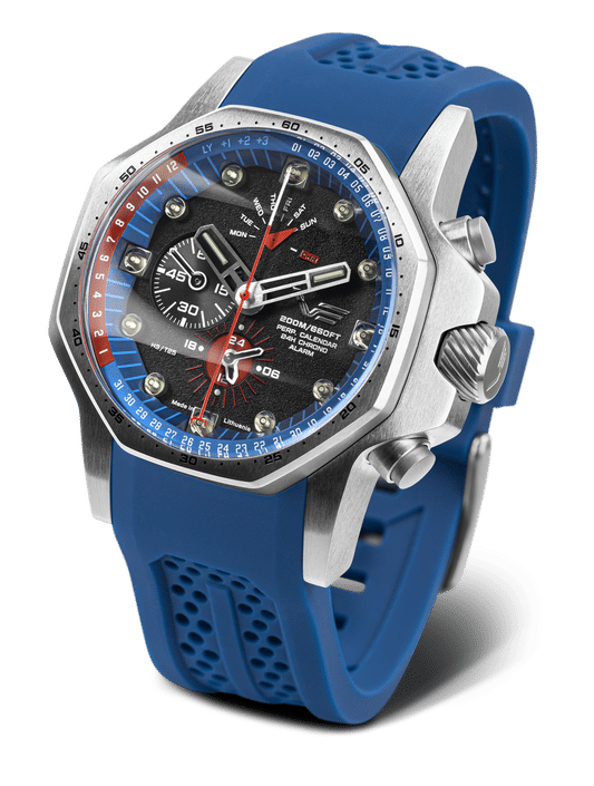Vostok Europe herrklocka med blått silikonarmband, blå ring och svart urtavla