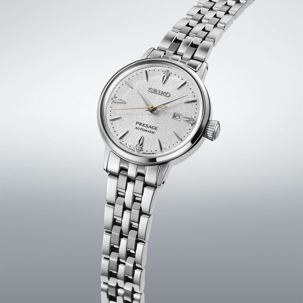 "Seiko Presage damklocka med silverfärgat Milanese-armband, vit urtavla och krona"