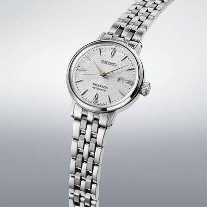 "Seiko Presage damklocka med silverfärgat Milanese-armband, vit urtavla och krona"