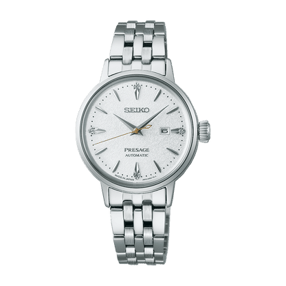 "Seiko Presage damklocka med silverfärgat Milanese-armband och vit urtavla"