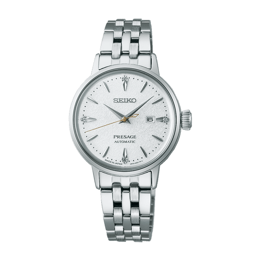 "Seiko Presage damklocka med silverfärgat Milanese-armband och vit urtavla"