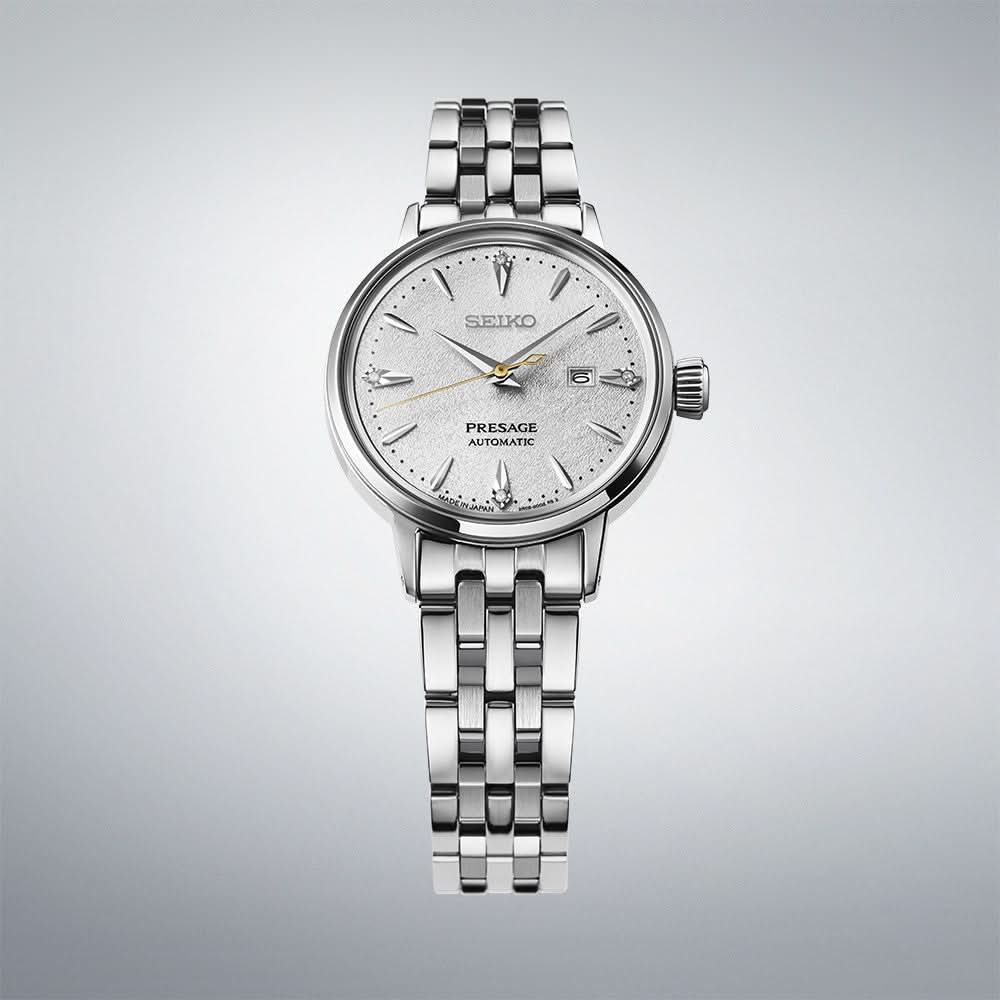 Seiko Presage damklocka med rund boett, silverfärgat Milanese-armband och vit urtavla