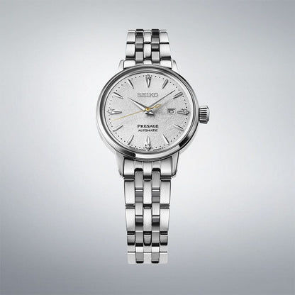 Seiko Presage damklocka med rund boett, silverfärgat Milanese-armband och vit urtavla