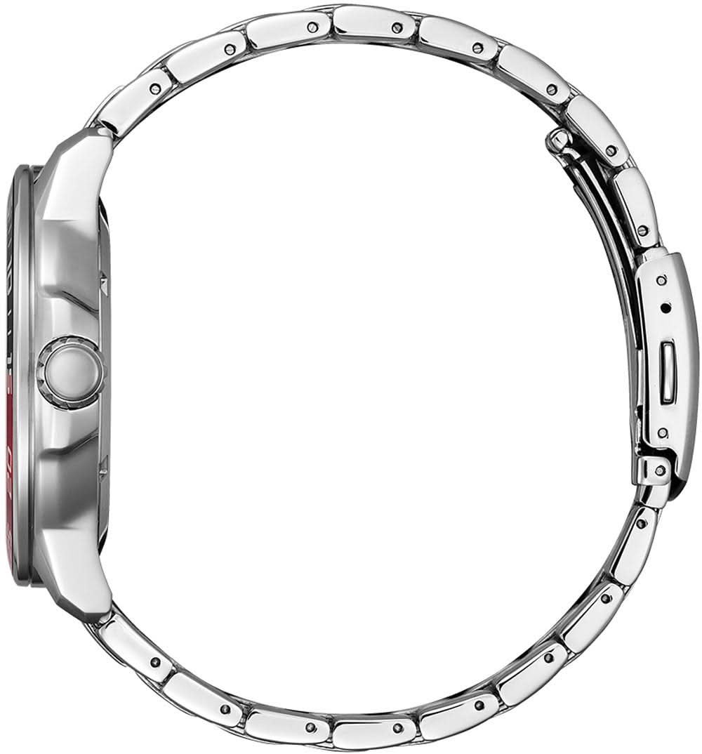 Armbandsur i rostfritt stål, sidovy med länkar och krona