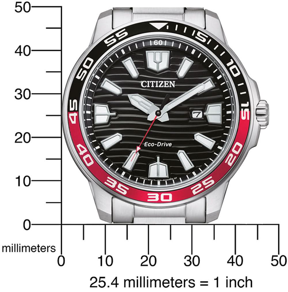 Armbandsur i rostfritt stål med svart urtavla, röd siffrig ring och Eco-Drive