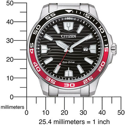 Armbandsur i rostfritt stål med svart urtavla, röd siffrig ring och Eco-Drive