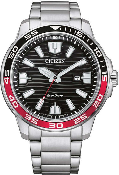 Citizen Eco-Drive armbandsur i rostfritt stål med svart urtavla och röda detaljer