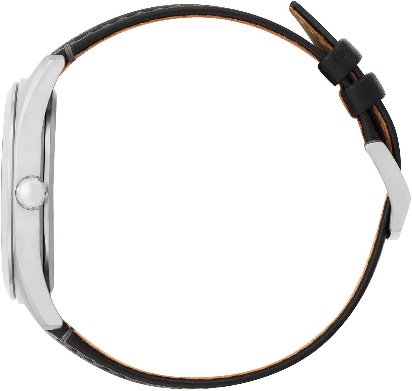 Armbandsur i sidovy: silverfärgat boett, svart läderband med spänne
