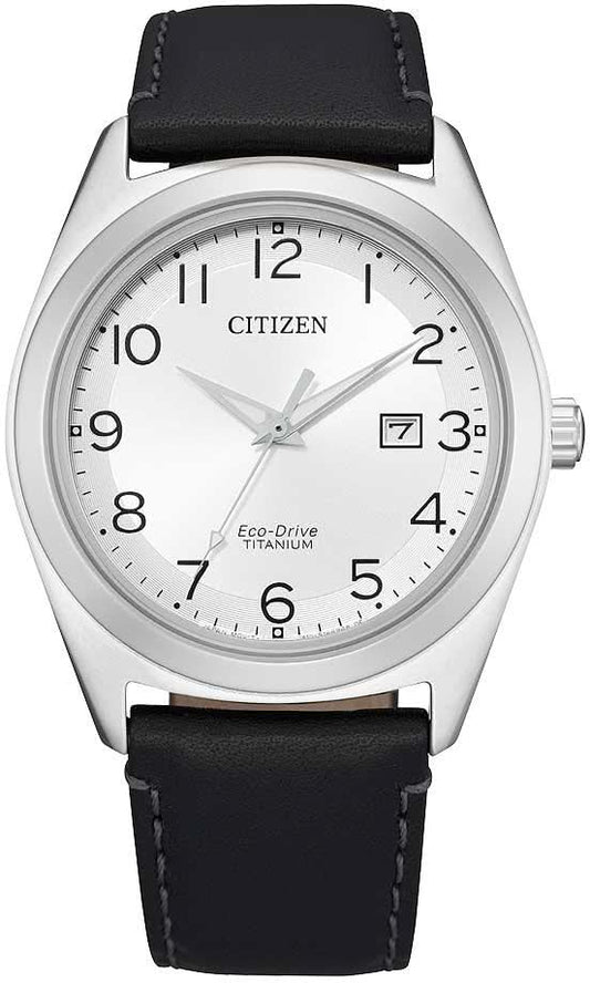 Armbandsur: silverfärgat hölje, svart läderband, urtavla med CITIZEN