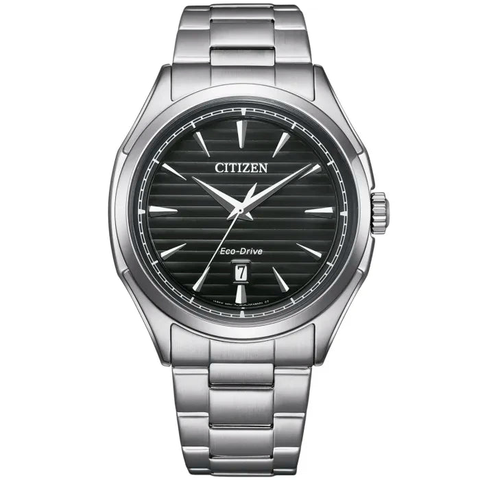 Herrenarmbanduhr mit silbernem Edelstahlband, rundem schwarzem Zifferblatt, Datumsanzeige, CITIZEN Eco-Drive