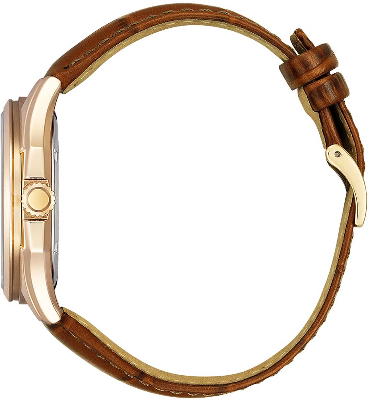 Citizen herrklocka med brunt läderarmband och guldfärgat boett, sidovy