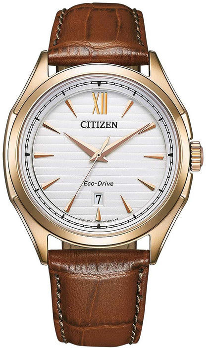 Citizen herrklocka med brunt läderarmband, vit urtavla och guldfärgat hölje