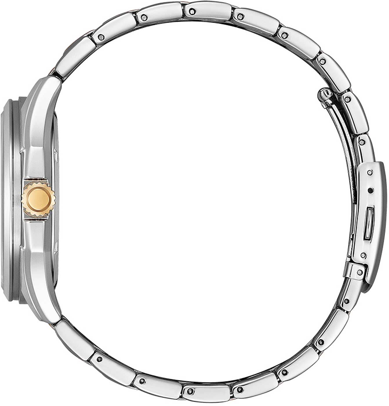 Citizen klockfodral från sidan med tvåfärgat metallarmband