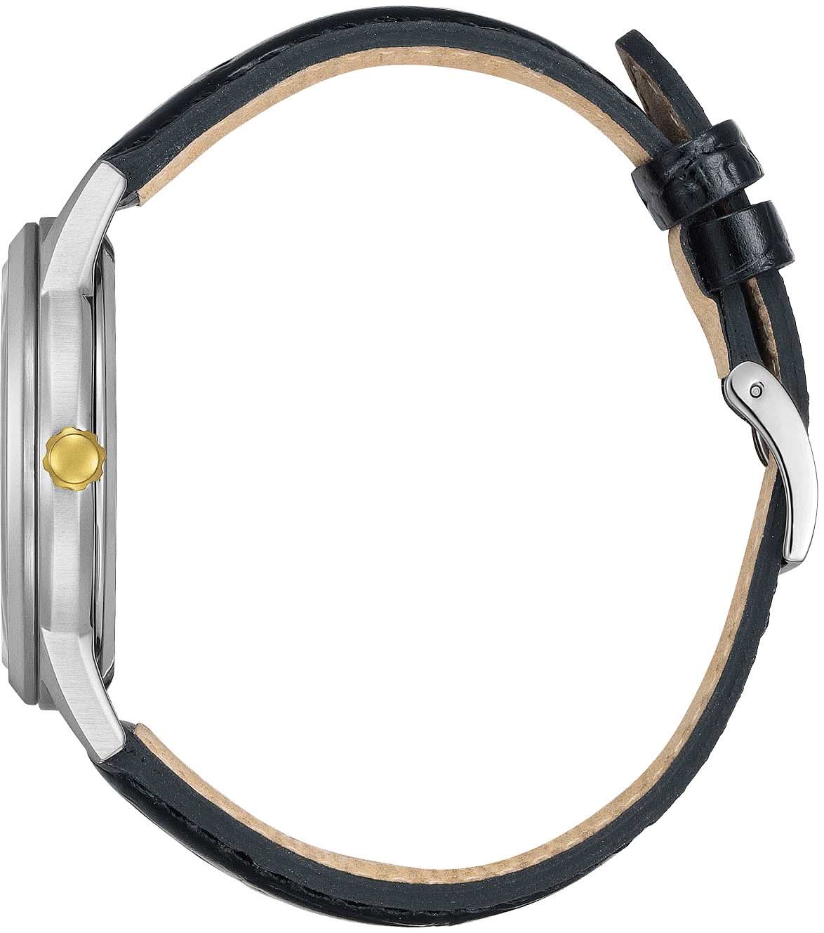 Klockfodral och svart läderband med guldfärgad krona, sidovy