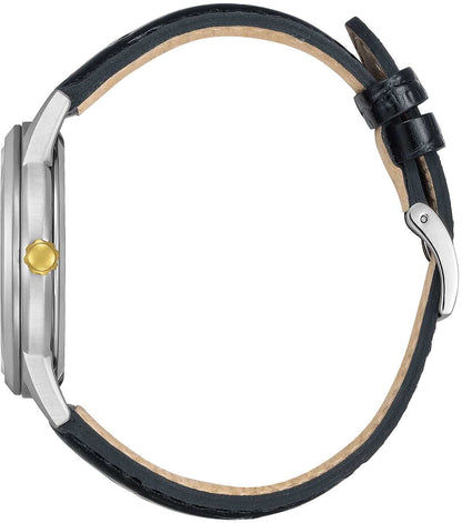 Klockfodral och svart läderband med guldfärgad krona, sidovy