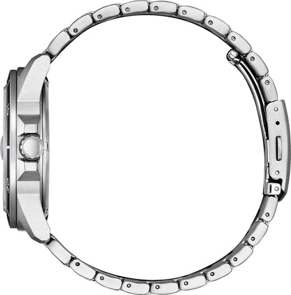 Herrarmbandsur med rostfritt stålboett och armband, bakstycke i profil