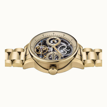 Goldfarbene Herrenarmbanduhr von der Seite mit offenem Automaten-Zifferblatt