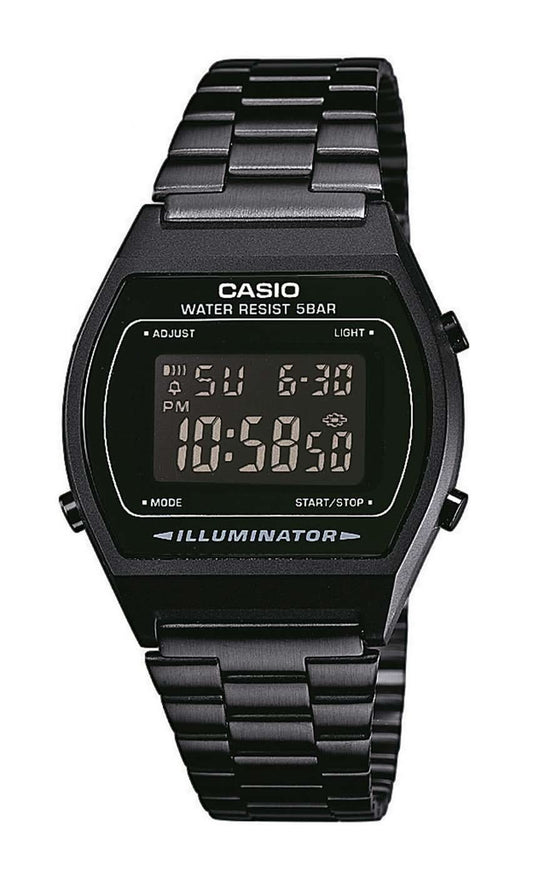 Casio digital klocka med svart metallarmband och LCD-display