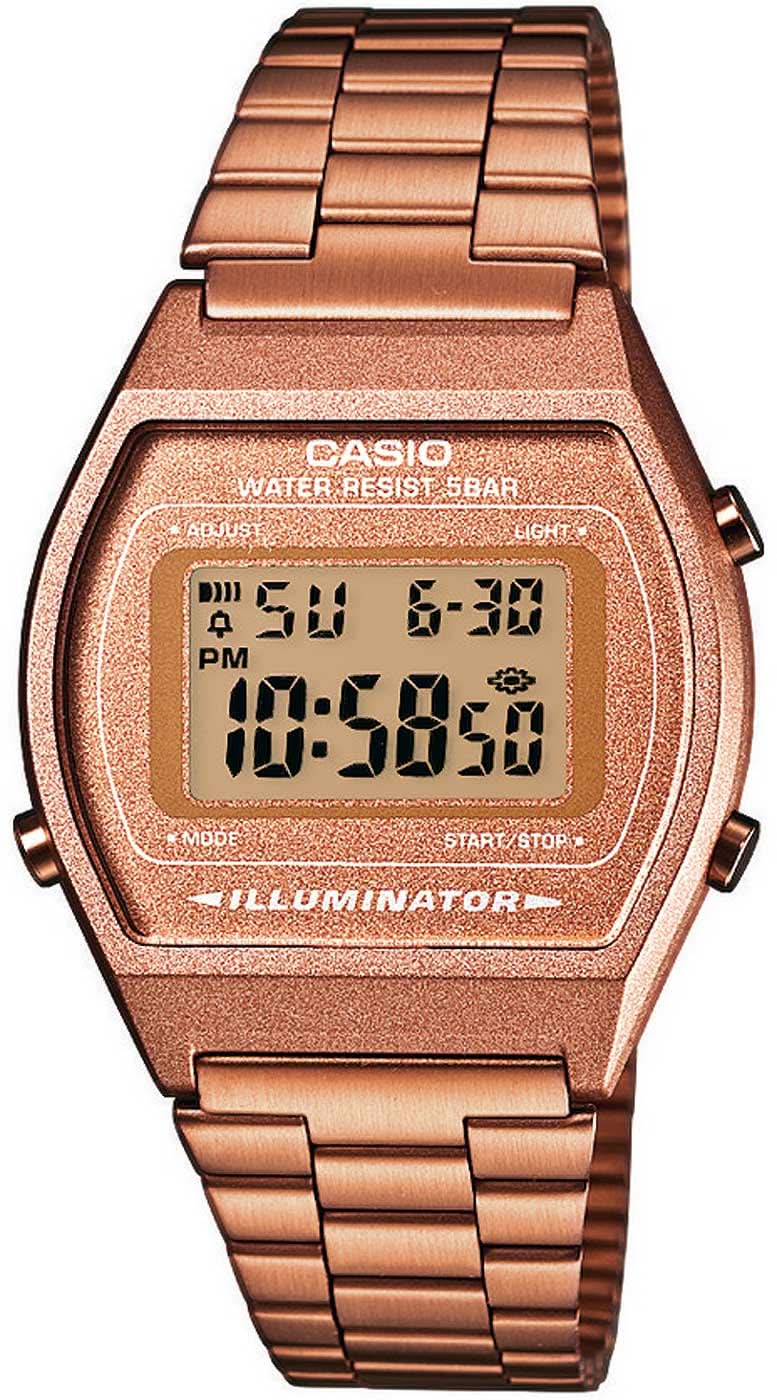 Armbandsur med roséguldigt metallband och digital LCD-display, LED-belysning.
