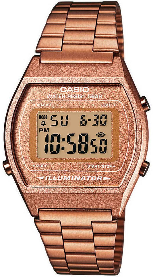 Armbandsur med roséguldigt metallband och digital LCD-display, LED-belysning.